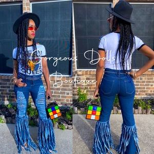 High Waist Wide Legs Ripped Denim Bell-Bottom Fringe Jeans
